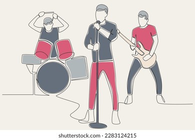 Color illustration of a man singing accompanied by drum and guitar. Music band one-line drawing