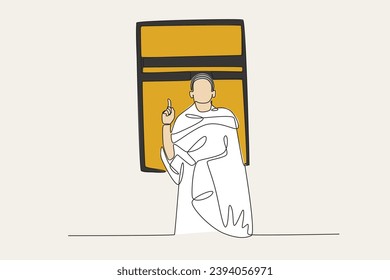 Color illustration of a man standing in front of the Kaaba. Hajj one-line drawing