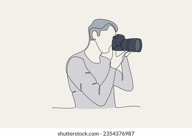 Color illustration of a man taking a photo. World photography day one-line drawing