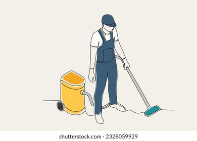 Farbillustration für einen Mann mit einem Staubfilter. Einzeilige Reinigung
