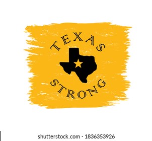 Color illustration map of Texas, star, text on background with grunge texture. Vector illustration for print, emblem, logo, sticker. Texas text is strong.