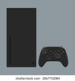 Color illustration of modern game console with wireless gamepad. Vector set console with joystick isolated on gray background.