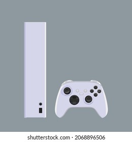 Color illustration of modern game console with wireless gamepad in white colors. Vector set console with joystick isolated on gray background.