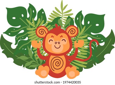 Color illustration of monkey and plants. Idea for website design, 
for blogs, for print.