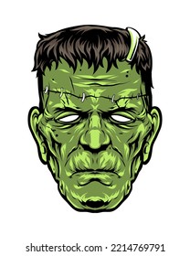 Ilustración de color de monstruo, cabeza Frankenstein. Aislado sobre fondo blanco