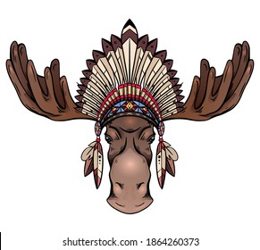 Color illustration of a moose head with antlers and an Indian cap made of feathers. Roach Chieftain. Boho vector colorful illustration for cards, stickers, t-shirt prints and your design.