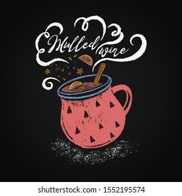 Color illustration mulled wine cup hand-drawn in chalk on a chalkboard. Christmas symbol. Doodle holiday  in vintage style background.