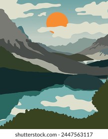 A color illustration of nature, a postcard of mountains, a lake and the sun