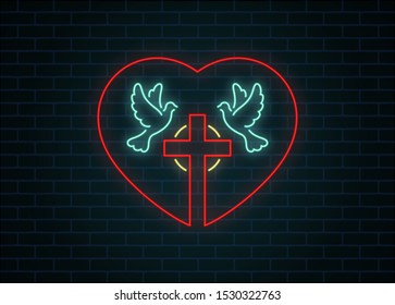 Color illustration of a neon doves cross with a halo and a heart. Vector illustration on a religious theme