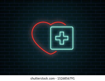 Color illustration of a neon heart with a cross squared on a brick background. Vector illustration on the theme of health day. Medical Facility Advertising