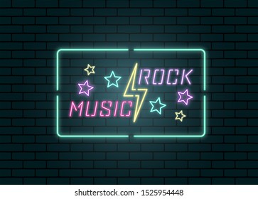 Color illustration neon sign rock music. Text lightning and stars on a brick background. Vector illustration on the theme of rock music