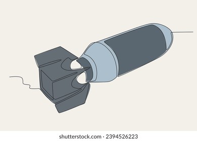 Color illustration of a nuclear rocket side view. Nuclear weapon one-line drawing