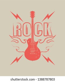 Ilustración en color sobre el tema de la música rock. Llama de guitarra y texto