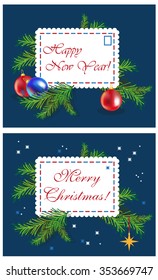 Color illustration on a white background Christmas toys on branches of a tree and a letter