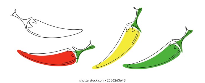 Color illustration with the outline of a variation of chili pepper, hand-drawn isolated on white, doodle, vector. Cayenne pepper, jalapeno decorative abstract vegetable for decoration, labels, design 