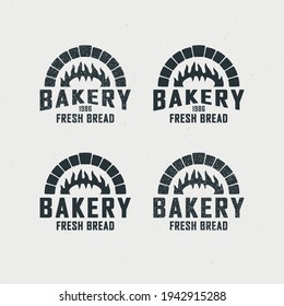 Color illustration oven, fire, bread and text on the background with grunge texture. Vector illustration in vintage style for emblem, poster, icon and label. Bakery advertising. Fresh bakery.