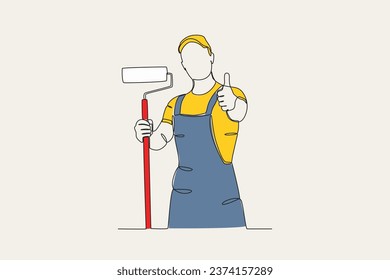 Color illustration of a painter holding a roller while giving a thumbs-up. Painter one-line drawing