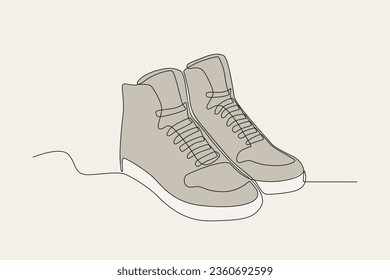 Color illustration of a pair of men's shoes. Footwear one-line drawing