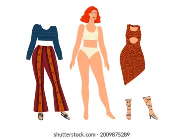 Color illustration of a paper doll. Wardrobe clothes for a girl isolated on white background. Pretty girl with a collection of clothes. Doll with paper cut outfits.