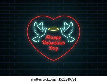 Color illustration of pigeons heart and ring with text on a brick background .Vector illustration on the theme of love and romance. Valentine's Day
