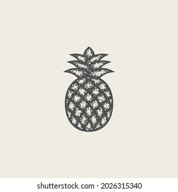 Color illustration of pineapple with grunge texture on gray background. Design element for emblems, stickers, labels, poster, pattern. Vector illustration. Tropical exotic plant.