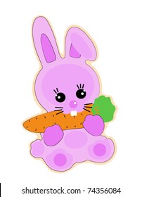 Color illustration of a pink bunny with a carrot