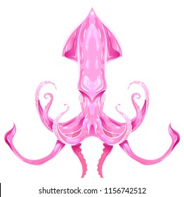 Color illustration of pink of squid.. The object is separate from the background. Neon illustration for printing on T-shirts, covers, sketches of tattoos and your design.