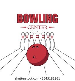 Farbige Illustration von Stiften, Ball und Text auf weißem Hintergrund. Vektorgrafiken. Das Bild ist für Banner, Poster, Print und Logo gemacht. Bowlingcenter.