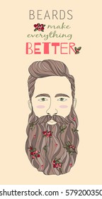 Color illustration of the positive image of a bearded man and red berries. The inscription on the benefits of a beard. A good poster or print for the Barbershop.