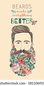 Color illustration of the positive image of the man with the beard of flowers. The inscription on the benefits of a beard. A good poster or print for the Barbershop.