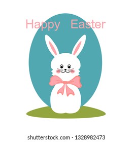 Color illustration, postcard. Easter white rabbit with bow.