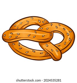 Farb-Illustrations-Bretzel mit Sesamsamen. Elemente des Oktoberfest-Bierfestivals. handgezeichnete Vektorgrafik einzeln auf weißem Hintergrund