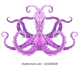 Color illustration of purple octopus. The object is separate from the background.  illustration for printing on T-shirts, covers, sketches of tattoos and your design.