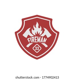 Color illustration of a red shield, text, crossed axes, fire on a white background. Vector illustration of a firefighter logo in vintage style with grunge texture.