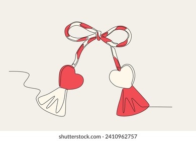 Color illustration of a red and white Martisor. Martisor one-line drawing