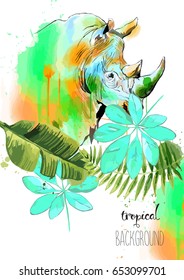 Color illustration of a rhinoceros. Tropical background. Vector.