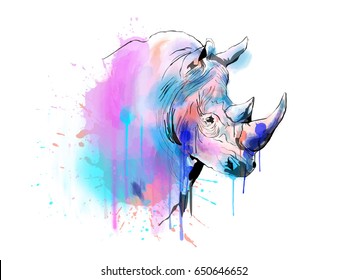 Color illustration of a rhinoceros. Vector.