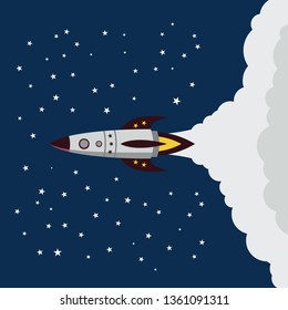 Color illustration of a rocket starts into space