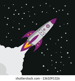 Color illustration of a rocket starts into space