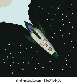 Color illustration of a rocket starts into space