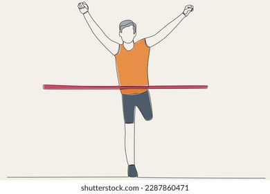 Color illustration of a running athlete reaching the finish. Finish line one-line drawing