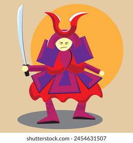 Color illustration of a samurai standing facing with legs apart. A traditional Japanese warrior with a drawn samurai sword and in traditional armor with a helmet