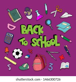 color illustration with school subjects, writing on a neutral background. vector.