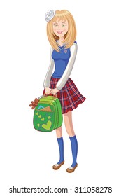 Color illustration of schoolgirl with a backpack in his hands