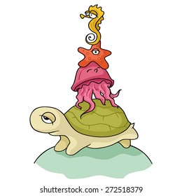 Color illustration of sea and ocean animals. Cute cartoon turtle, jellyfish, seahorse, starfish. Pyramid of animals group of animals facing each other.Hand-drawn vector illustration isolated on white.