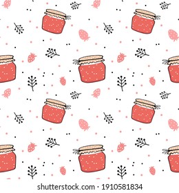 Color illustration of seamless pattern with jars of jam, strawberry and twigs. Isolated objects on a white background. Doodle cute simple style.
