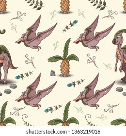 color illustration of a seamless pattern of little dinosaurs and trees, plants, rocks, for registration of a design in Doodle style vector