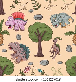 color illustration of a seamless pattern of little dinosaurs and trees, plants, rocks, for registration of a design in Doodle style vector