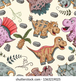 color illustration of a seamless pattern of little dinosaurs and trees, plants, rocks, for registration of a design in Doodle style vector