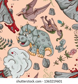 color illustration of a seamless pattern of little dinosaurs and trees, plants, rocks, for registration of a design in Doodle style vector